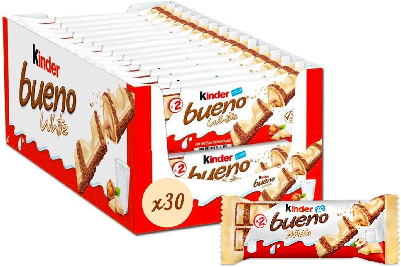 Kinder Bueno White - Fine Wafer Coated with White Chocolate with Milk and Hazelnut Heart - Fondant and Crispy Biscuit - Share Format - 30 x 2 Bars (39 g)