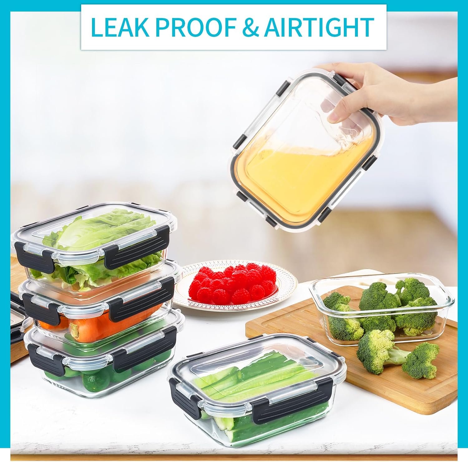 Skroam Glass Storage Containers - 10 Pack Airtight Food Container Set with Lids for Kitchen, Lunch, Meal Prep, Bento Boxes - 22 OZ - Image 3