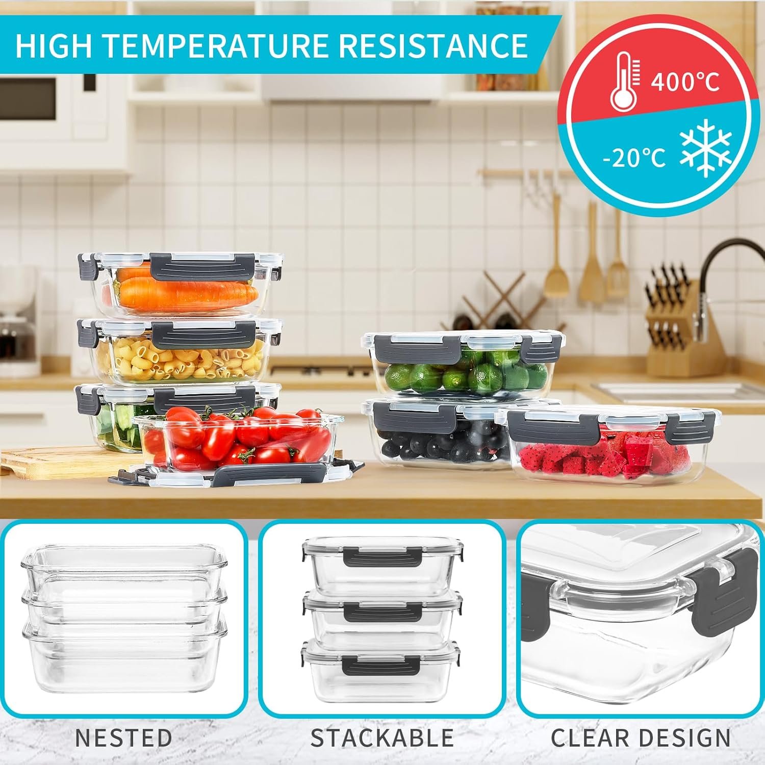Skroam Glass Storage Containers - 10 Pack Airtight Food Container Set with Lids for Kitchen, Lunch, Meal Prep, Bento Boxes - 22 OZ - Image 4